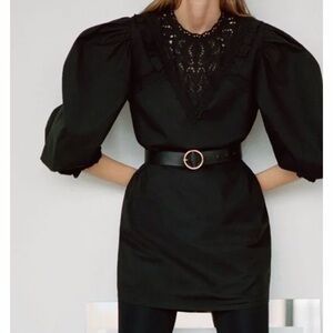 Zara voluminous poplin black mini dress puff sleeves gothic lace crochet bib M